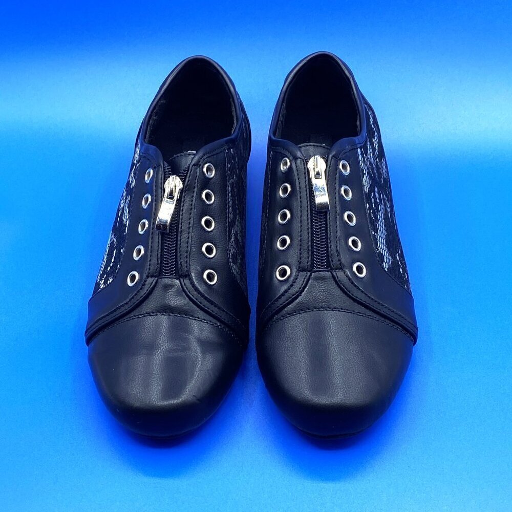 THEME Vintage Black Shoes Silver & Black Netting embellishments Zip Closure (10) - Picture 2 of 9